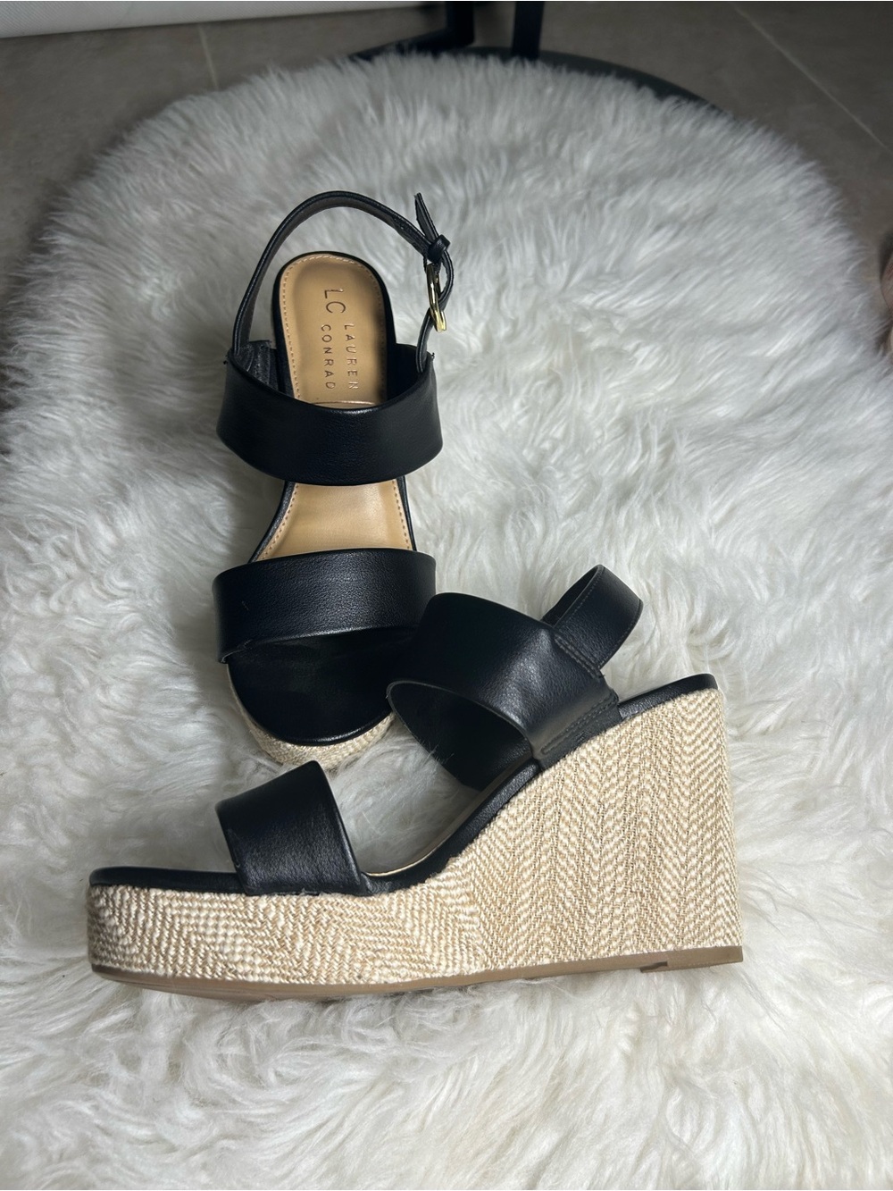 LC Lauren Conrad Black Leather Espadrille Wedge Sandals